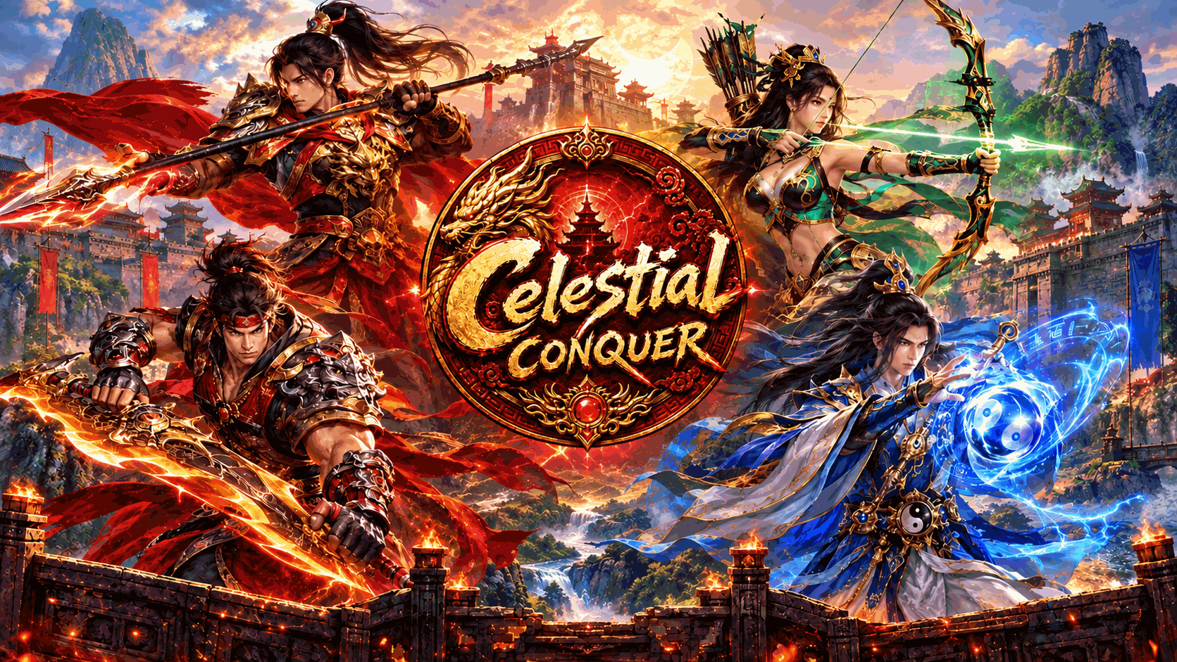 Four heroes surround the Celestial emblem: a crimson spear warrior, a trojan with blazing blades, a jade archer, and an azure taoist, above a burning fortress wall.